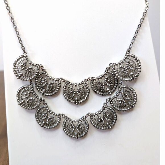 Jewelry - Boho Filigree Silvertone Scallop Bib Statement Necklace